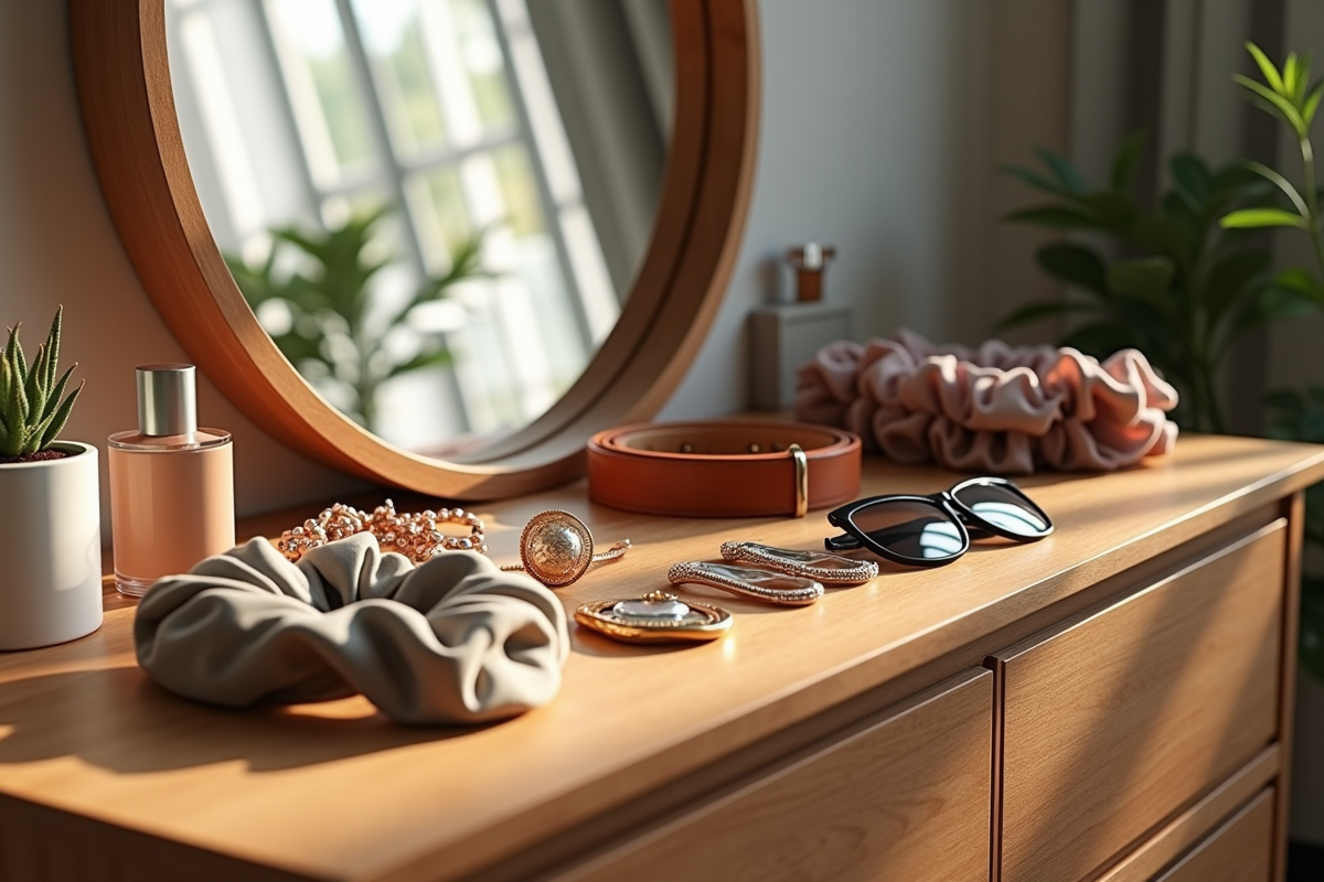 Accessoires de mode tendance sur une commode en bois