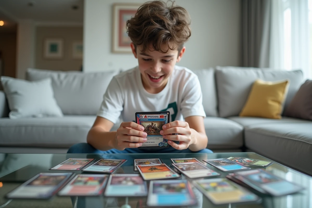 Adolescent ouvrant un booster de cartes à collectionner avec enthousiasme, cartes étalées sur une table en verre dans un salon moderne