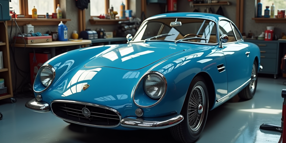 Voiture Alpine bleue en cours de polissage dans un garage ensoleille