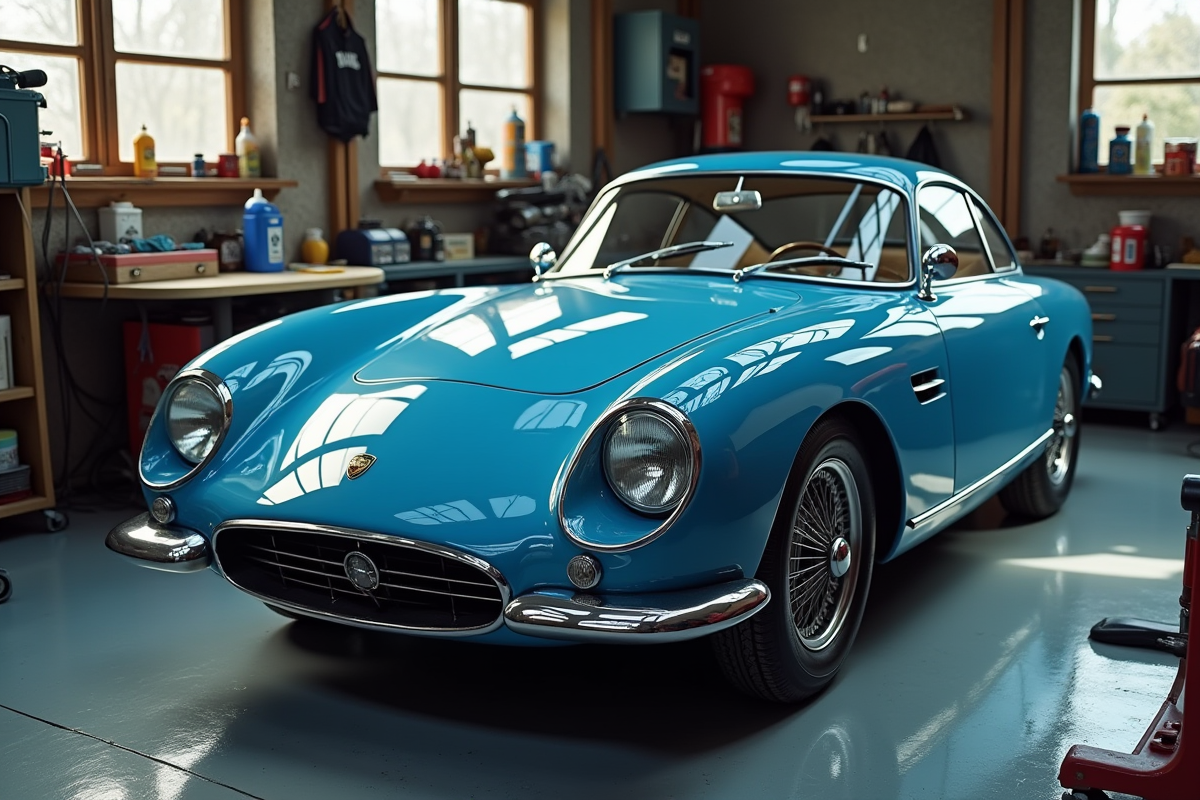 Voiture Alpine bleue en cours de polissage dans un garage ensoleille
