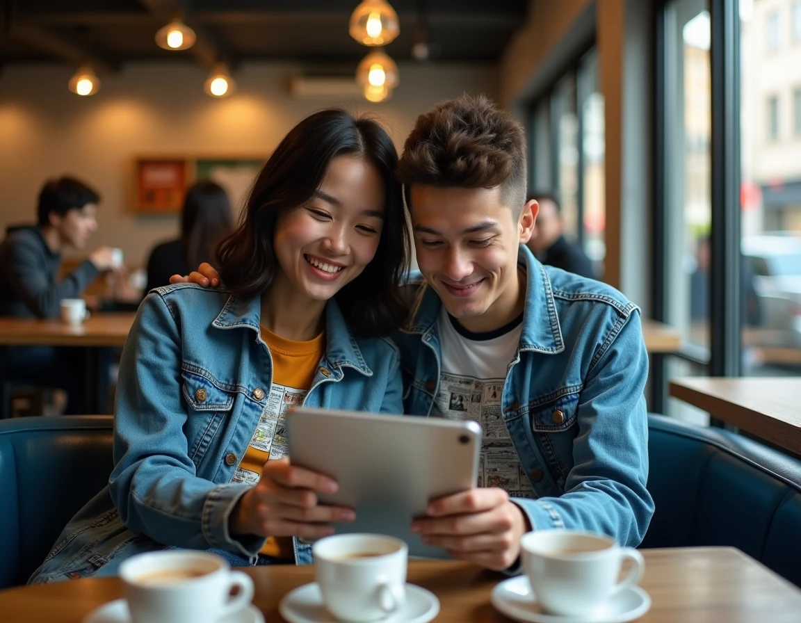 Deux amis partageant la lecture de mangas BL sur une tablette dans un café urbain moderne