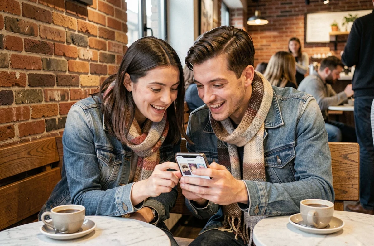 Deux amis partageant la lecture du manhwa Just Friend en VF sur smartphone dans un café, illustrant la lecture légale et accessible en 2026