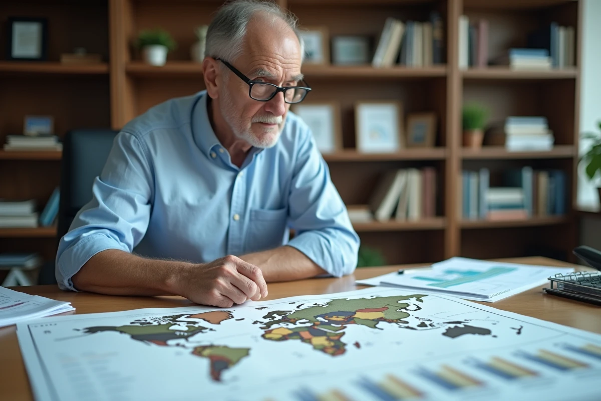 Cartographe analysant une carte du monde et des données démographiques sur un bureau professionnel pour le classement des pays par population en 2026