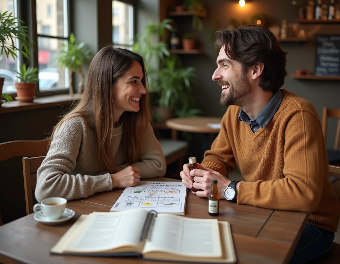 Deux amis dans un café étudiant ensemble la règle Palmier des alcools avec des bouteilles miniatures et des fiches de référence