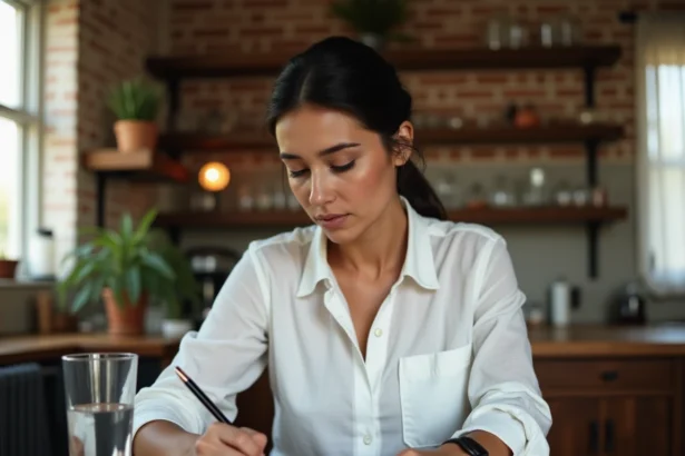 Femme apprenant la règle Palmier des alcools avec un guide manuscrit sur une table en bois dans une cuisine chaleureuse