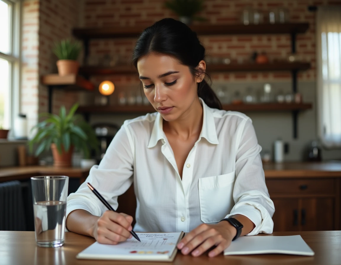 Femme apprenant la règle Palmier des alcools avec un guide manuscrit sur une table en bois dans une cuisine chaleureuse
