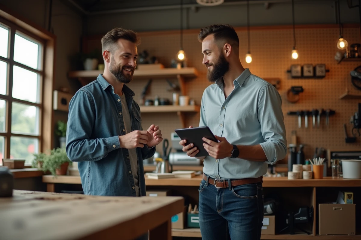 Artisan discutant de son assurance professionnelle avec un courtier dans son atelier
