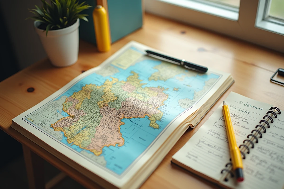Atlas scolaire ouvert sur une carte détaillée de l'Allemagne posé sur un bureau avec des fournitures scolaires