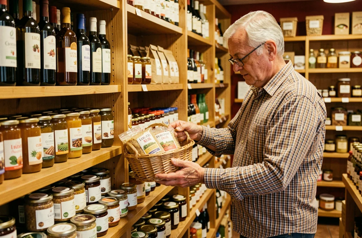 Intérieur du magasin AuBio Arcadie avec des produits régionaux occitans, des vins biologiques et des conserves artisanales sur des étagères en bois