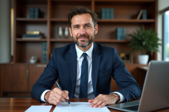 Avocat immobilier homme en costume navy dans un bureau moderne