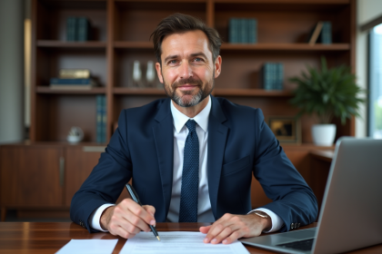 Avocat immobilier homme en costume navy dans un bureau moderne