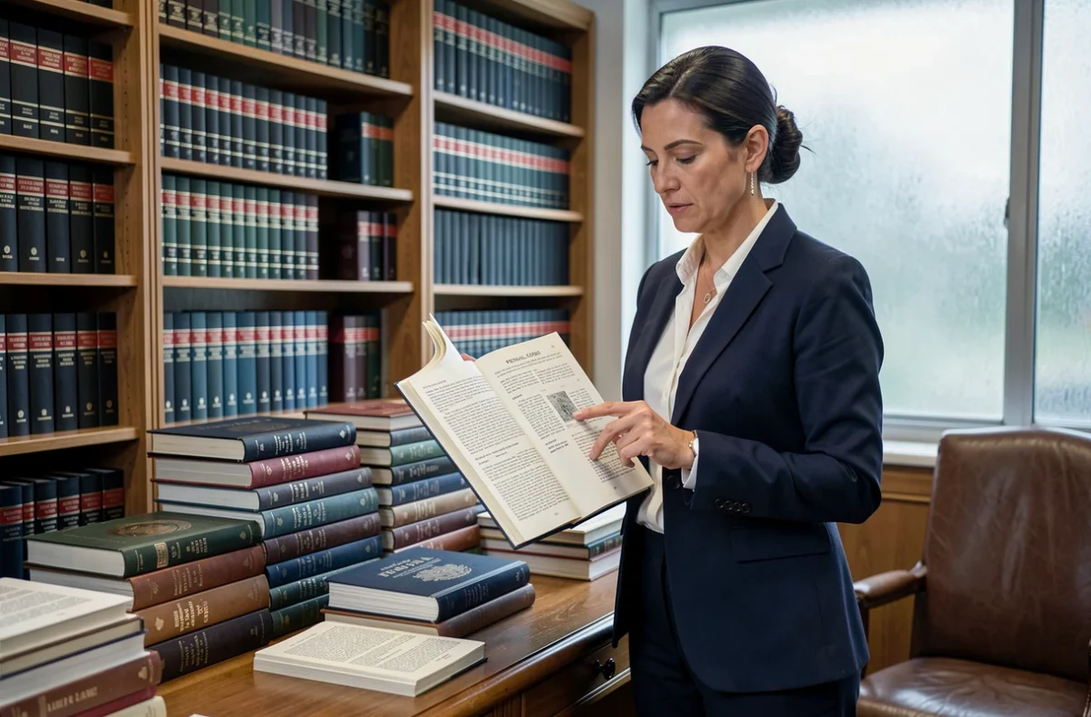 Avocate consultant le code pénal français dans un bureau juridique entouré de livres de droit