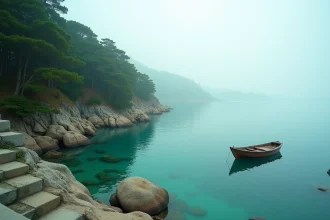 Baie japonaise pittoresque avec eau turquoise calme, rochers couverts de pins et petit bateau de pêche traditionnel amarré au bord