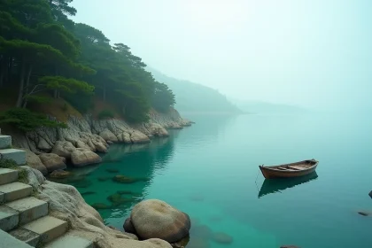 Baie japonaise pittoresque avec eau turquoise calme, rochers couverts de pins et petit bateau de pêche traditionnel amarré au bord