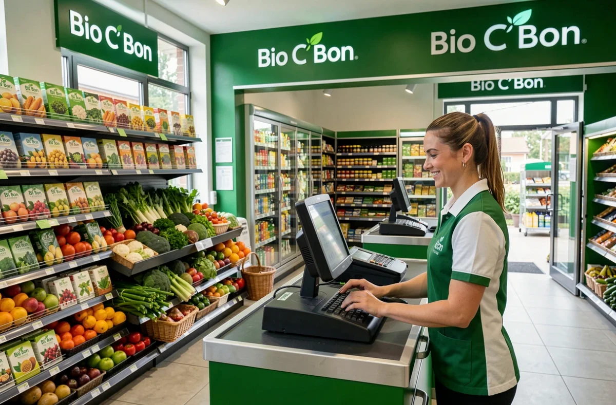 Caisse et entrée d'un supermarché Bio C' Bon avec des légumes frais, des rayons colorés et une caissière en uniforme vert