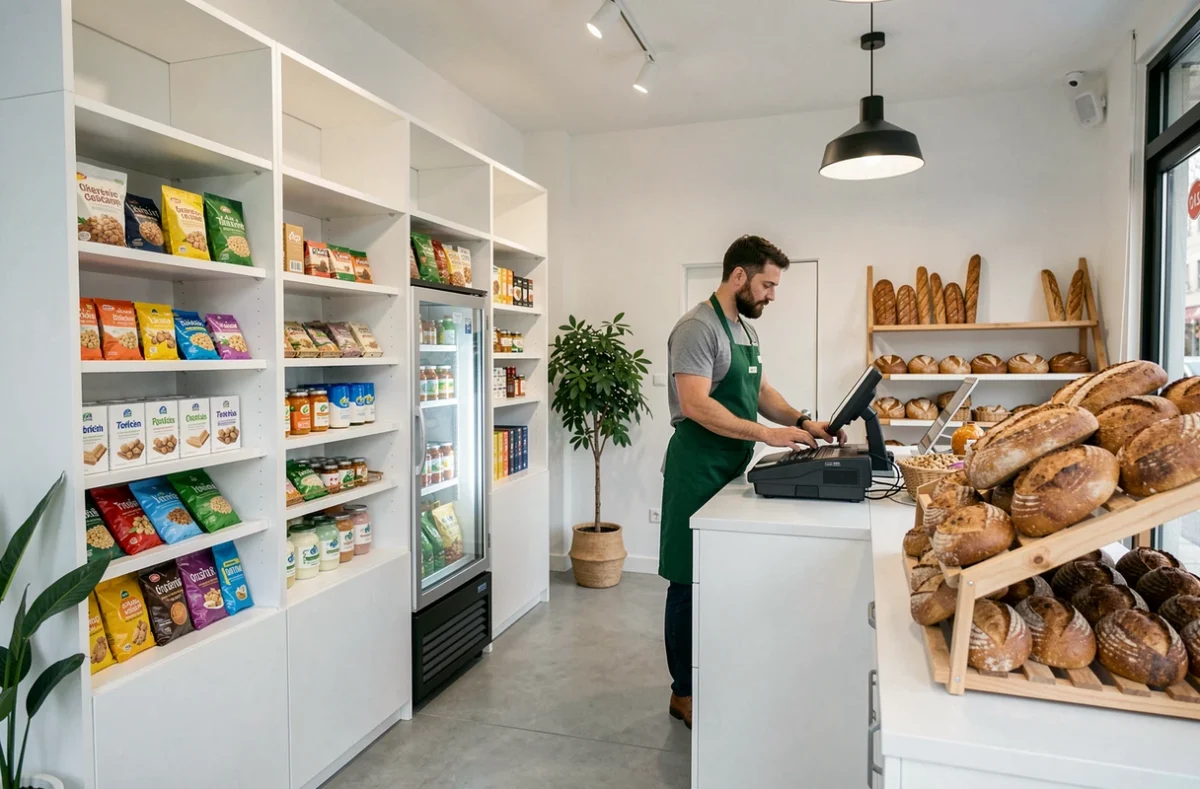 Intérieur moderne du magasin Bioasis avec des rayons de produits biologiques, un réfrigérateur de laits végétaux et un caissier au comptoir