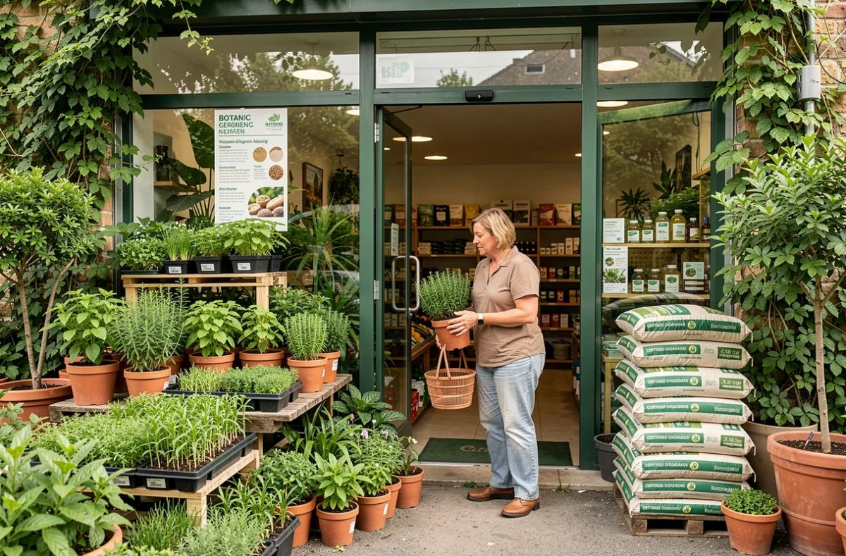 Devanture du Botanic Blagnac avec des plantes en pot, des plants de légumes biologiques et des sacs de compost naturel à l'entrée du jardinerie