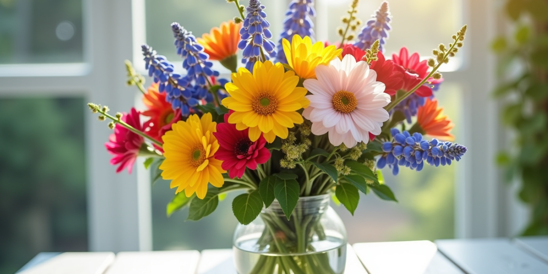 Bouquet de fleurs colorées sur une table en bois blanc