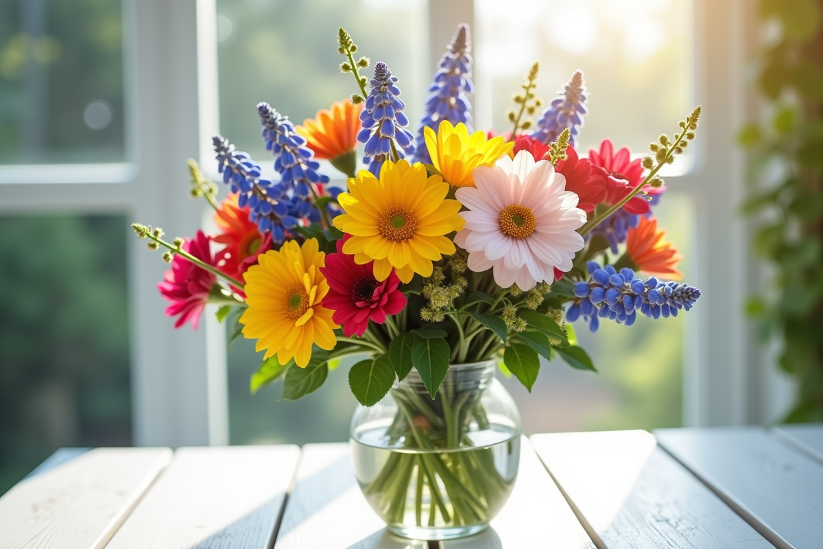 Bouquet de fleurs colorées sur une table en bois blanc