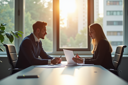 Deux personnes discutent dans un bureau lumineux et moderne