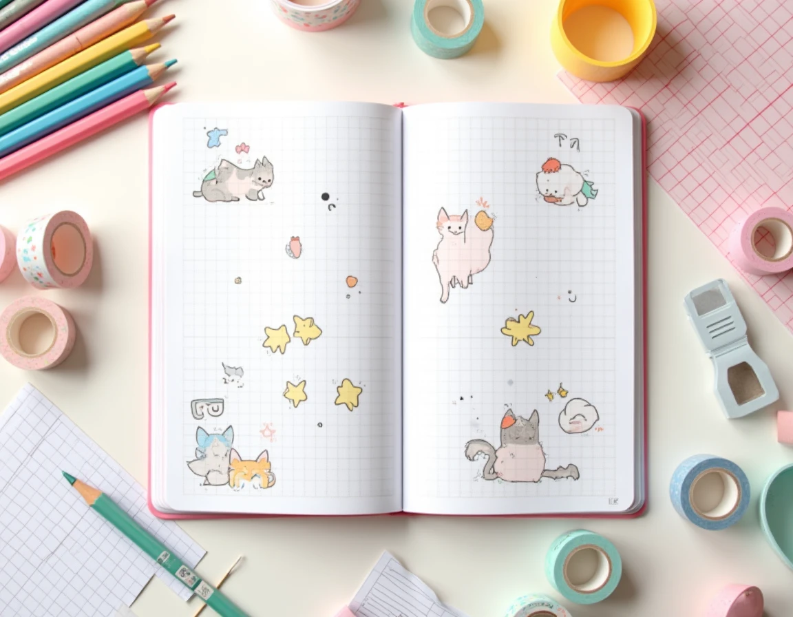 Vue de dessus d'un cahier à petits carreaux ouvert avec des modèles de pixel art kawaii entouré de crayons et de stylos fins