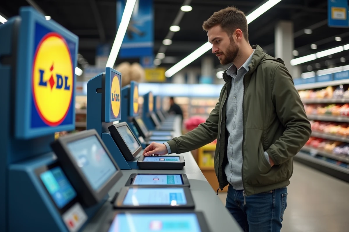 Borne de caisse automatique modernisée dans un Lidl rénové en 2026 avec client en train de payer