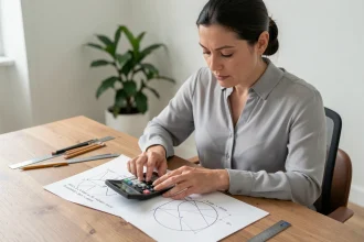 Femme calculant la surface d'un cercle avec une calculatrice scientifique sur un bureau en bois
