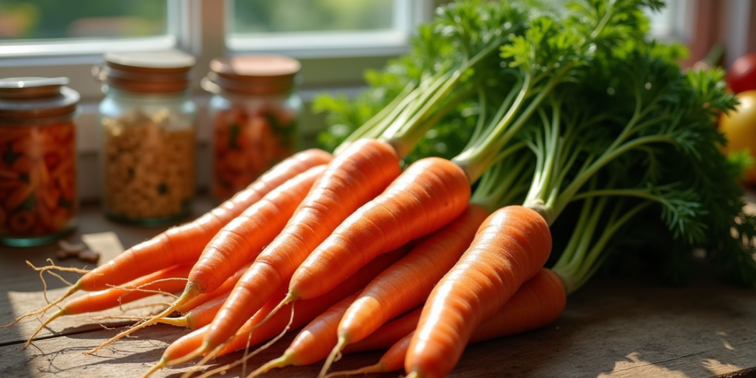 Carottes fraîches avec leurs fanes sur une table en bois
