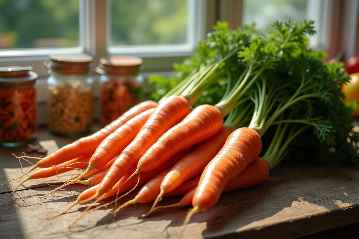 Carottes fraîches avec leurs fanes sur une table en bois