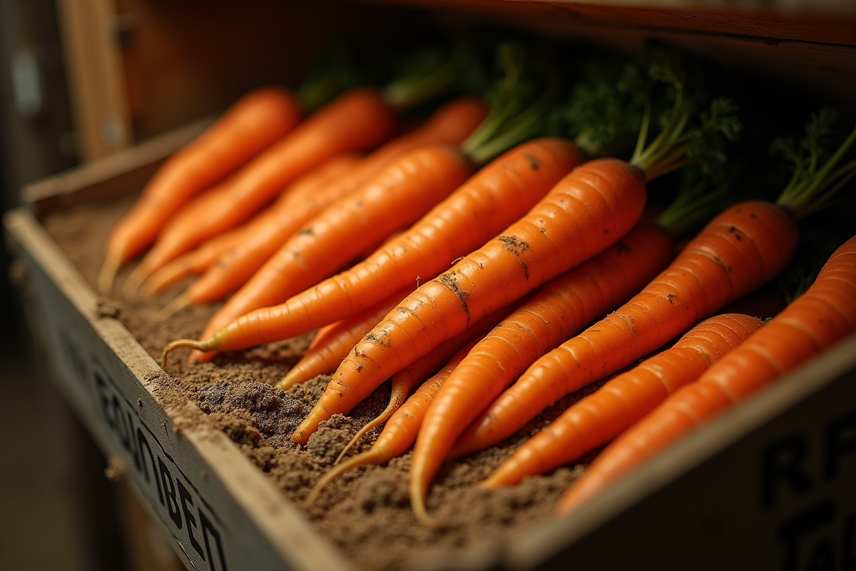 Carottes orange stockees dans du sable dans une cave fraîche