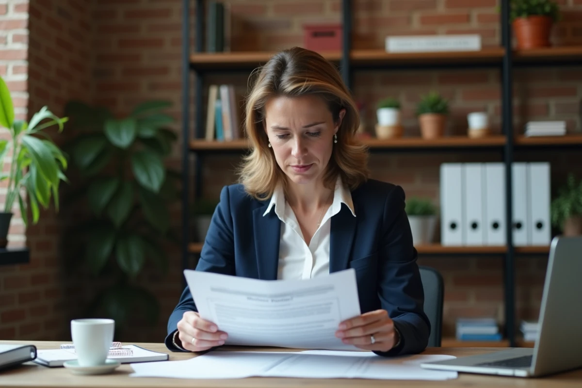 Cheffe d'entreprise de PME analysant un contrat d'assurance professionnelle à son bureau