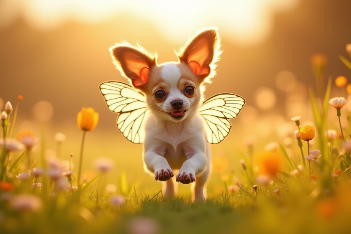 Chihuahua joyeux avec oreilles papillon dans un champ en fleurs