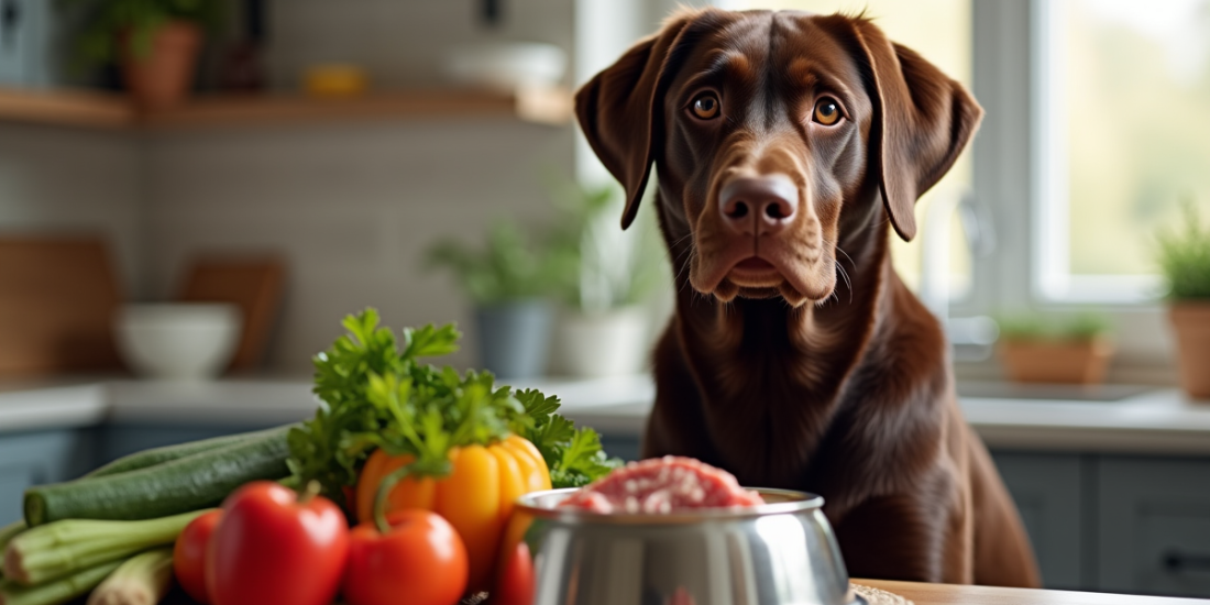 Labrador chocolat près d un bol de légumes et viande