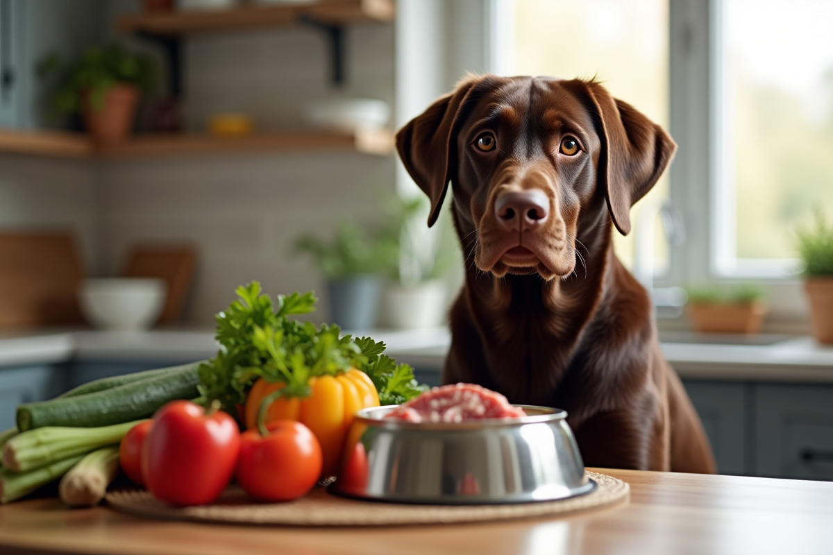 Labrador chocolat près d un bol de légumes et viande