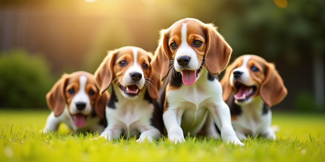 Groupe de beagles jouant dans un jardin ensoleille