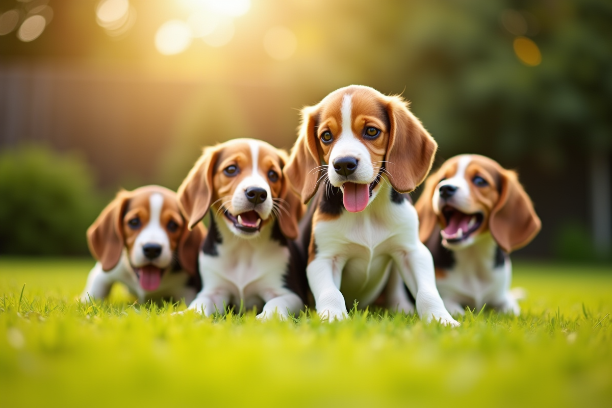 Groupe de beagles jouant dans un jardin ensoleille