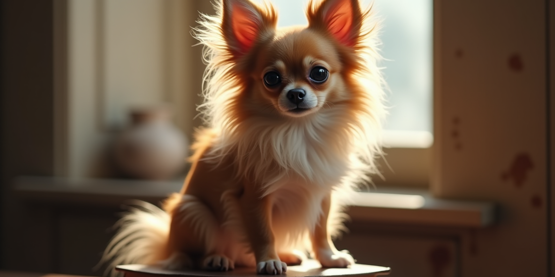 Chihuahua longhair élégant sur des livres anciens