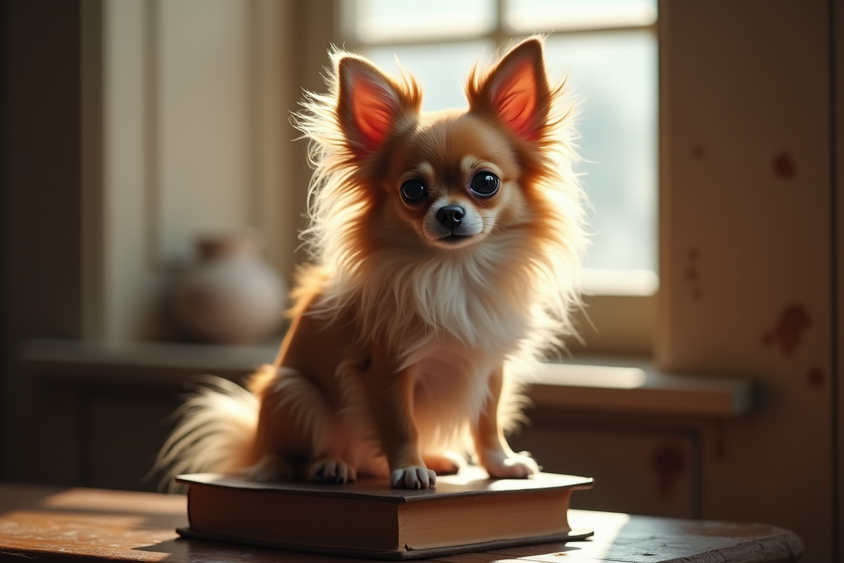 Chihuahua longhair élégant sur des livres anciens