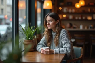 Femme mélancolique seule dans un café pluvieux tenant une tasse, expression triste et pensive évoquant la peine intérieure