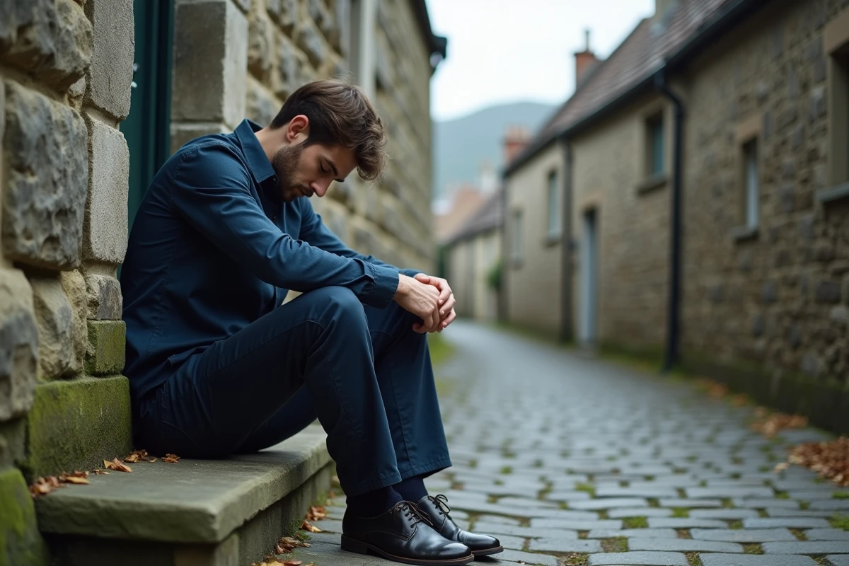 Homme seul assis sur des marches en pierre dans une ruelle d'automne, posture de tristesse et d'introspection profonde