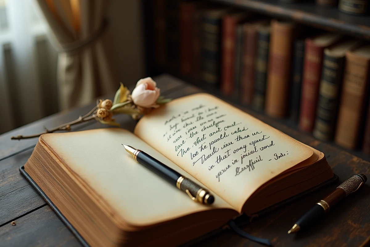 Journal vintage ouvert avec une citation manuscrite triste, fleur séchée et stylo plume sur un bureau en bois sombre