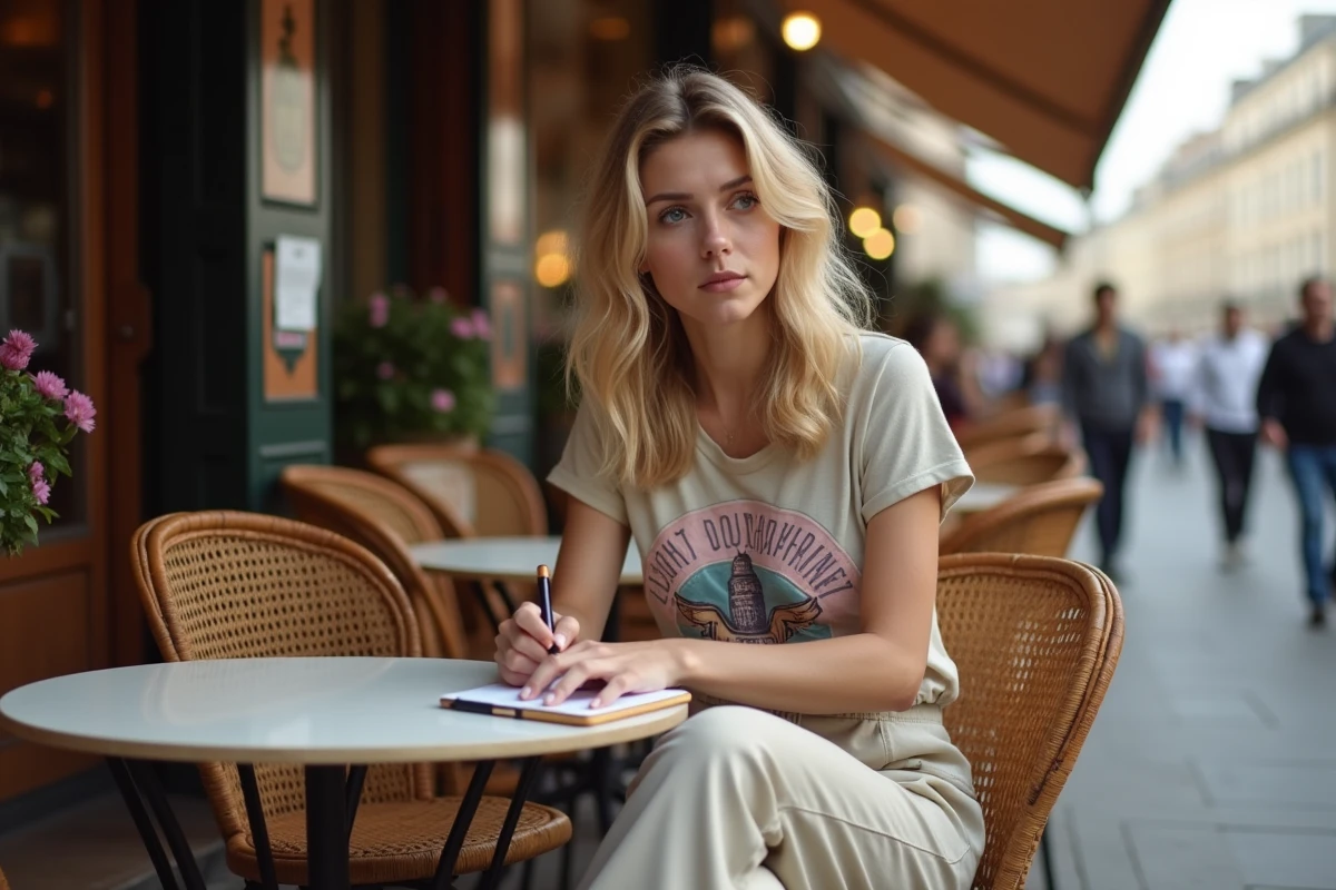 Comedienne blonde assise au café parisien