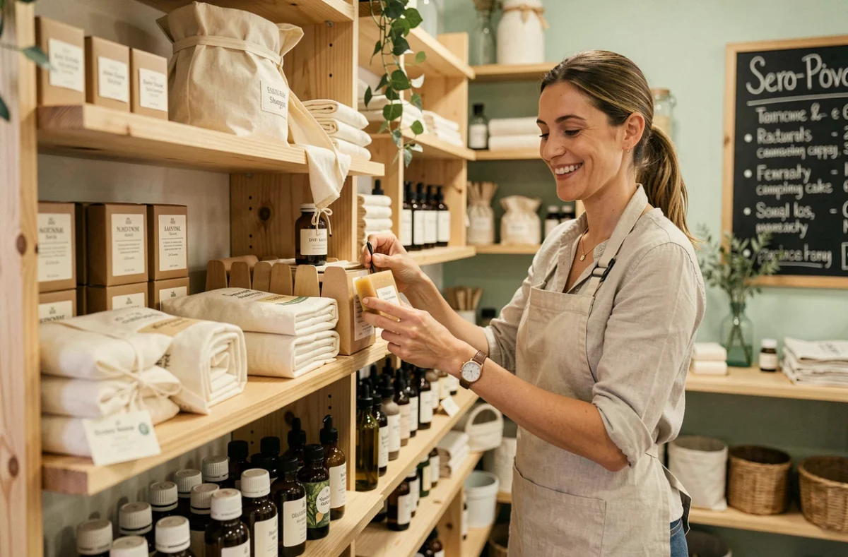 Intérieur de la boutique Comme Avant Toulouse avec des produits cosmétiques naturels et artisanaux exposés sur des étagères en bois