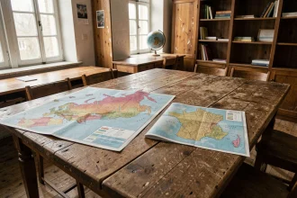 Comparaison cartographique entre la Russie et la France sur deux cartes physiques posées côte à côte dans une salle de géographie