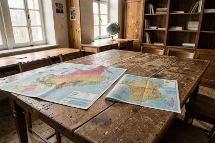 Comparaison cartographique entre la Russie et la France sur deux cartes physiques posées côte à côte dans une salle de géographie