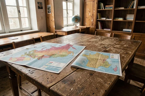 Comparaison cartographique entre la Russie et la France sur deux cartes physiques posées côte à côte dans une salle de géographie