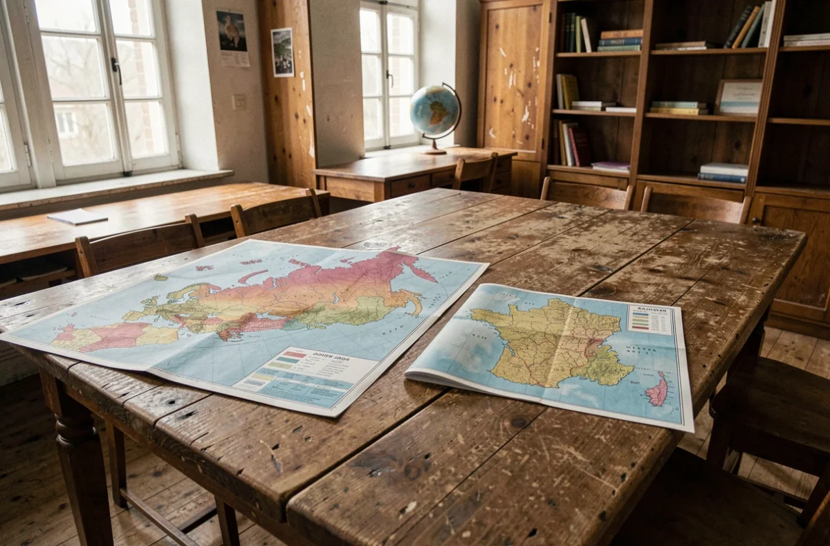 Comparaison cartographique entre la Russie et la France sur deux cartes physiques posées côte à côte dans une salle de géographie