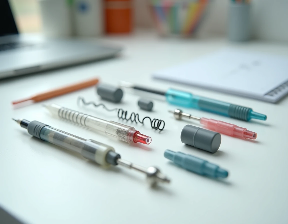 Vue détaillée des composants démontés d'un stylo 4 couleurs effaçable sur surface blanche