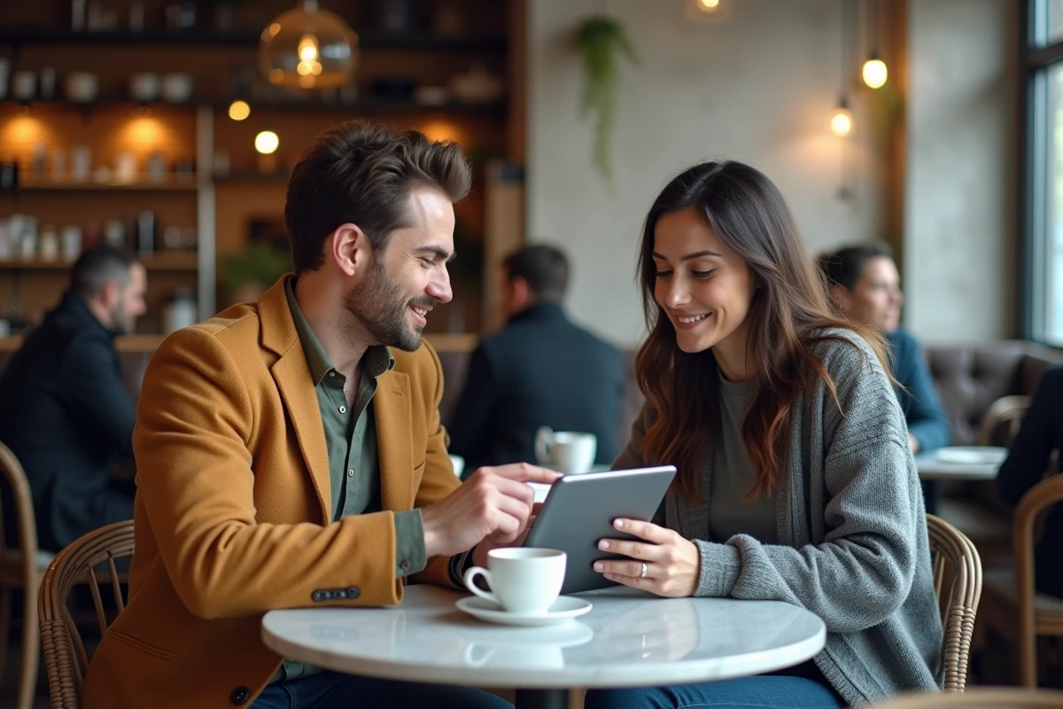 Deux personnes examinant les conditions générales d'une plateforme de revente de billets de concert sur une tablette dans un café moderne