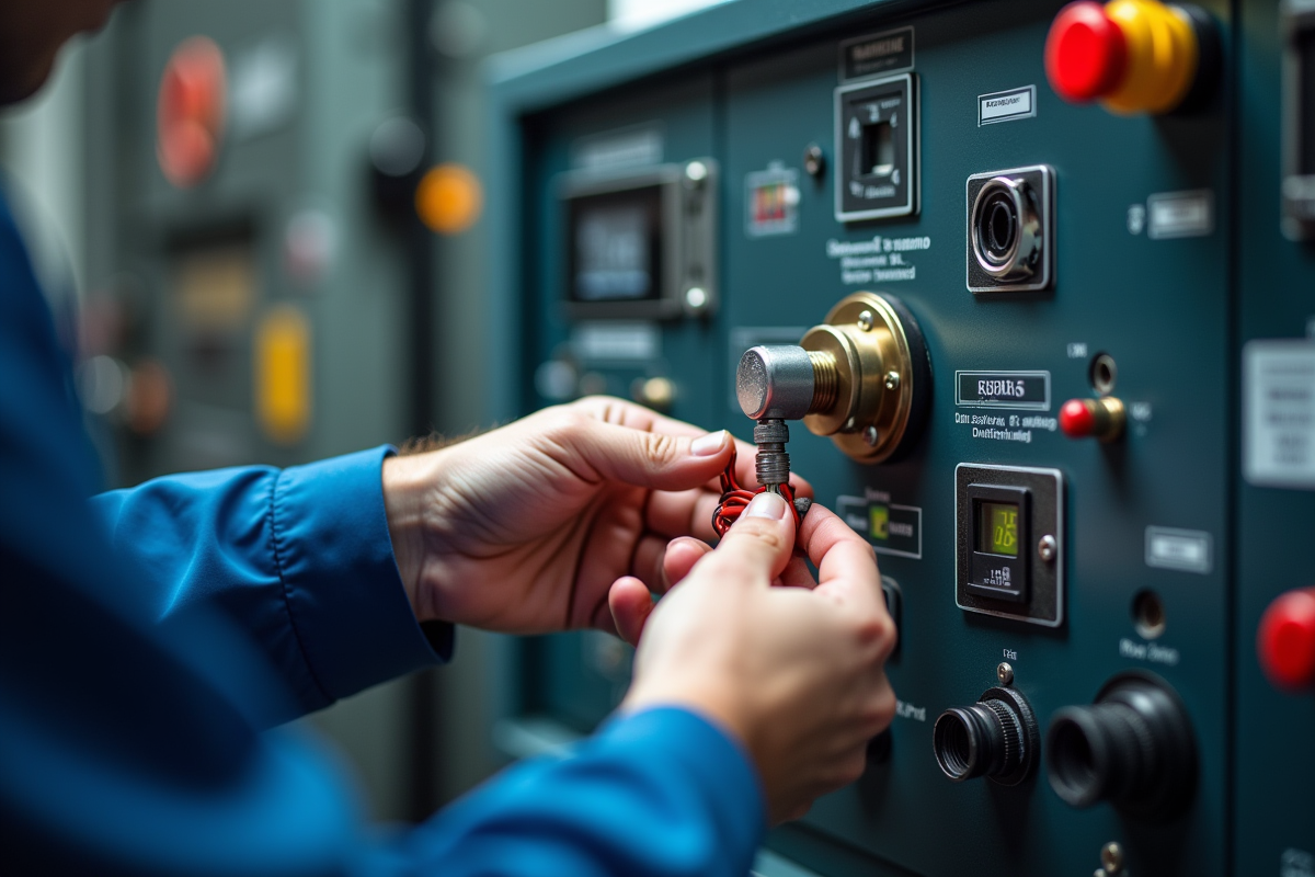 Technicien connectant fils au capteur de pression sur panneau